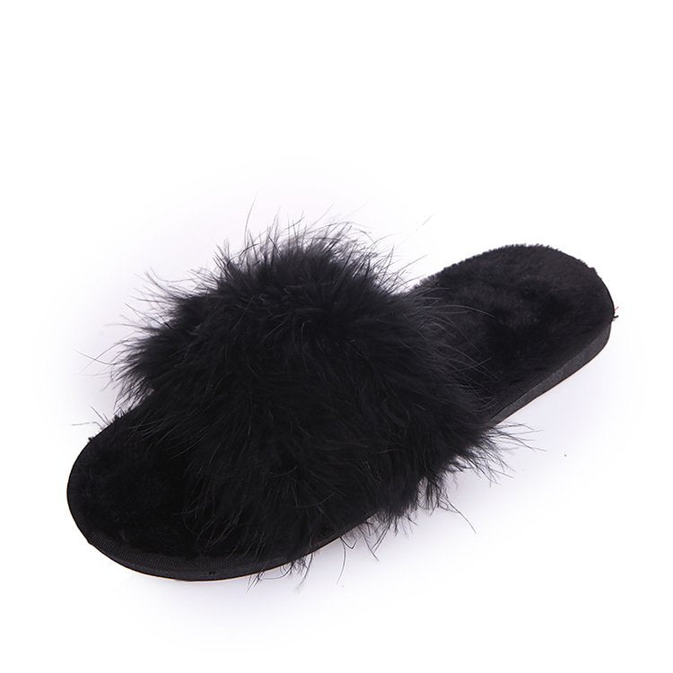 Factory direct wholesale 2025 new korean style fuzzy slippers - open toe ostrich feather flat one-strap indoor/outdoor women's slippers