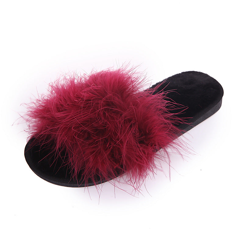 Factory direct wholesale 2025 new korean style fuzzy slippers - open toe ostrich feather flat one-strap indoor/outdoor women's slippers