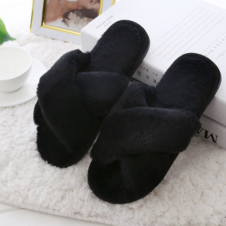 Crossed fur slippers for women 2024fall and winternew arrivalk-stylefashionslimming look one-piece cotton slippers trendyflats slippers for women
