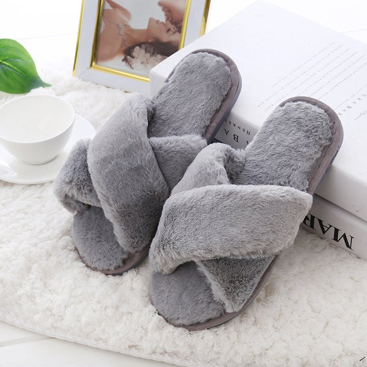 Crossed fur slippers for women 2024fall and winternew arrivalk-stylefashionslimming look one-piece cotton slippers trendyflats slippers for women