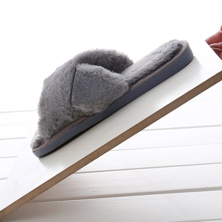 Crossed fur slippers for women 2024fall and winternew arrivalk-stylefashionslimming look one-piece cotton slippers trendyflats slippers for women
