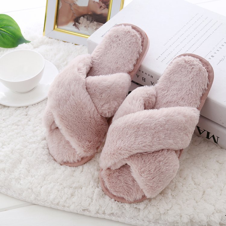 Crossed fur slippers for women 2024fall and winternew arrivalk-stylefashionslimming look one-piece cotton slippers trendyflats slippers for women