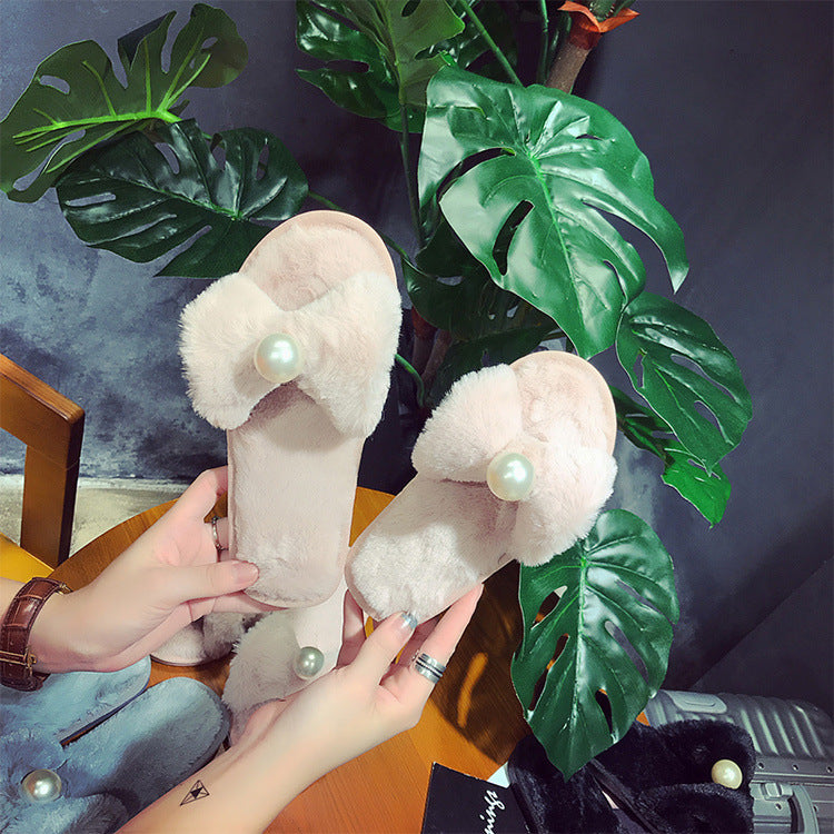2024 fall/winter new mother-daughter matching slippers - fluffy flat slippers with pearl butterfly accents - wholesale home cotton slippers