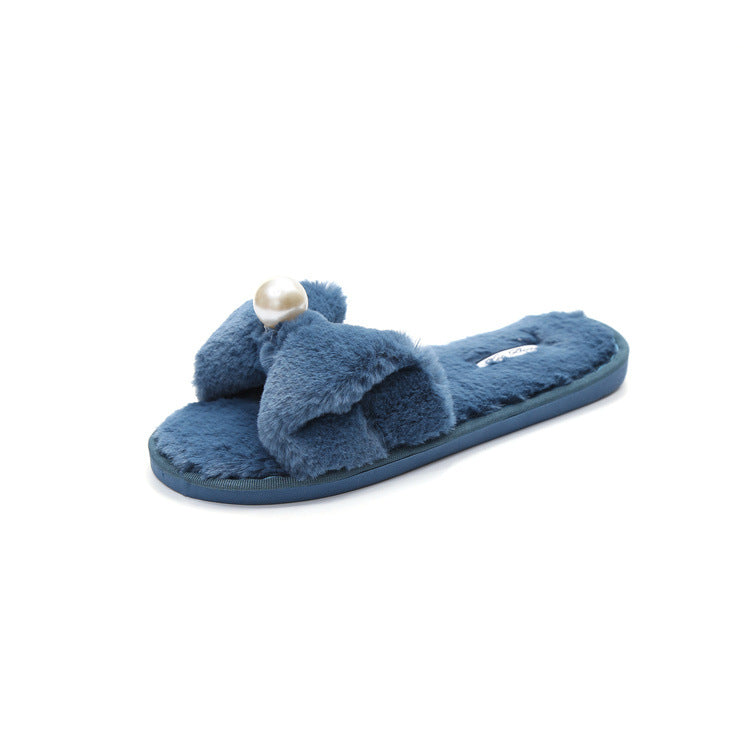 2024 fall/winter new mother-daughter matching slippers - fluffy flat slippers with pearl butterfly accents - wholesale home cotton slippers
