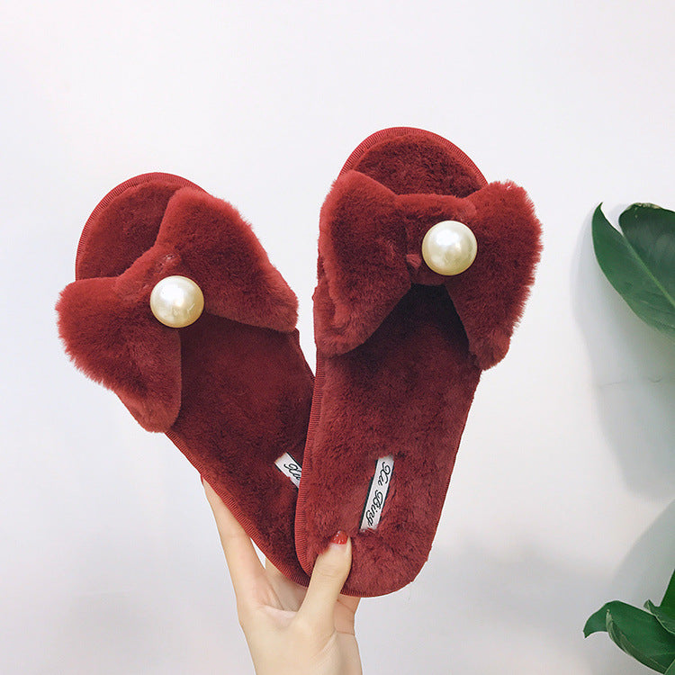 2024 fall/winter new mother-daughter matching slippers - fluffy flat slippers with pearl butterfly accents - wholesale home cotton slippers
