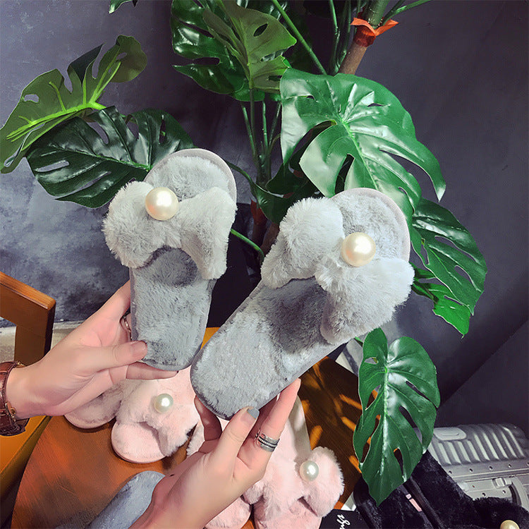2024 fall/winter new mother-daughter matching slippers - fluffy flat slippers with pearl butterfly accents - wholesale home cotton slippers