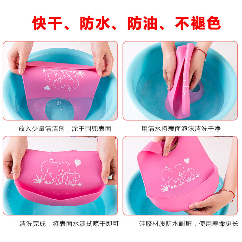 Children's silicone bib baby waterproof rice pocket children's printing solid color bib baby rice pocket anti-dirty saliva pocket