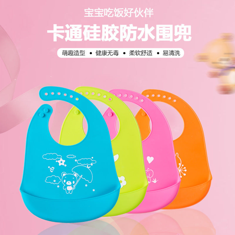 Children's silicone bib baby waterproof rice pocket children's printing solid color bib baby rice pocket anti-dirty saliva pocket