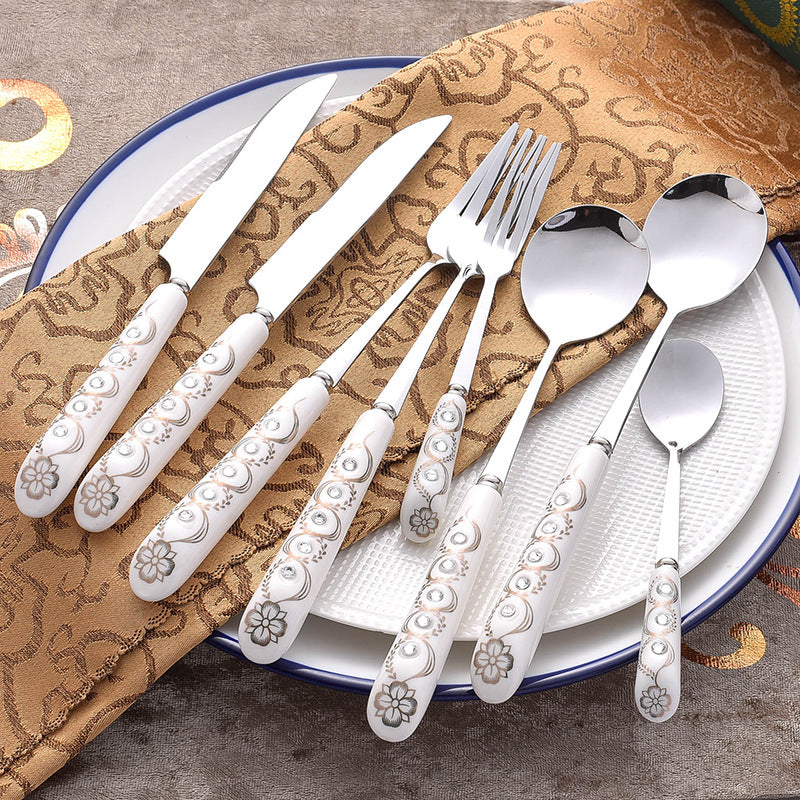 Ceramic handle cutlery set, western stainless steel dinnerware knife, fork, and spoon gift box set, stainless steel spoon ceramic gift cutlery