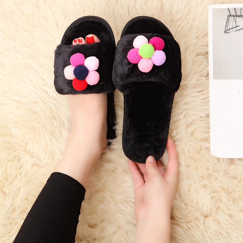 Handmade diy one-strap fuzzy solid sole winter indoor/outdoor home warm open-toe floral thickened cotton slippers