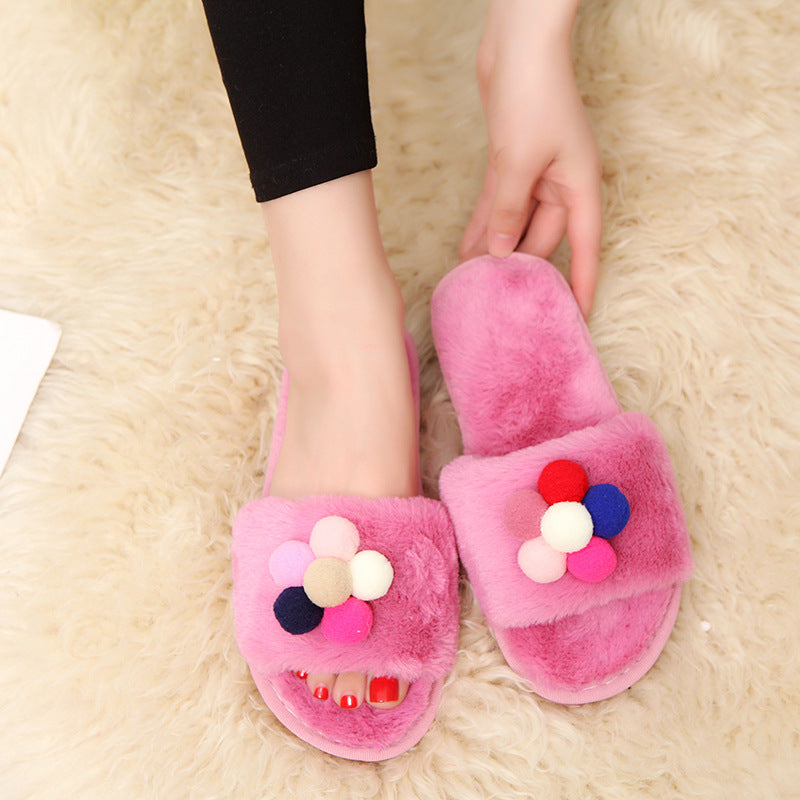 Handmade diy one-strap fuzzy solid sole winter indoor/outdoor home warm open-toe floral thickened cotton slippers