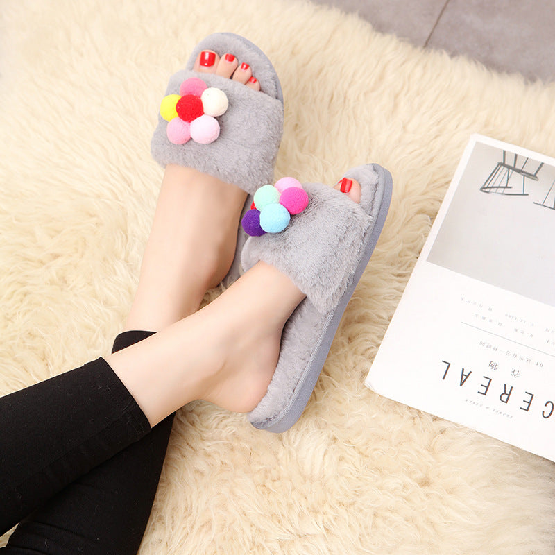 Handmade diy one-strap fuzzy solid sole winter indoor/outdoor home warm open-toe floral thickened cotton slippers