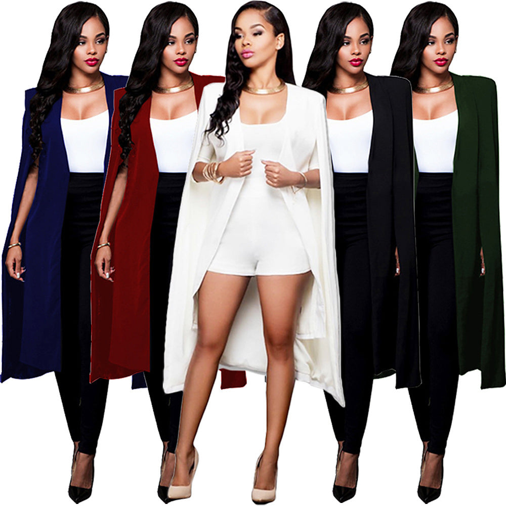 Aliexpress hot selling autumn new arrivalstylishpure colorlong large cloak fashionplus size women's suit outwear