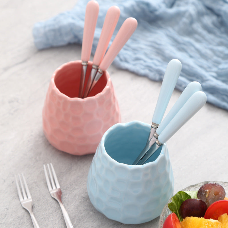 Creative ceramic handle small fork suit stainless steel fruit fork fruit pick watermelon fork coffee spoon good-looking storage jar