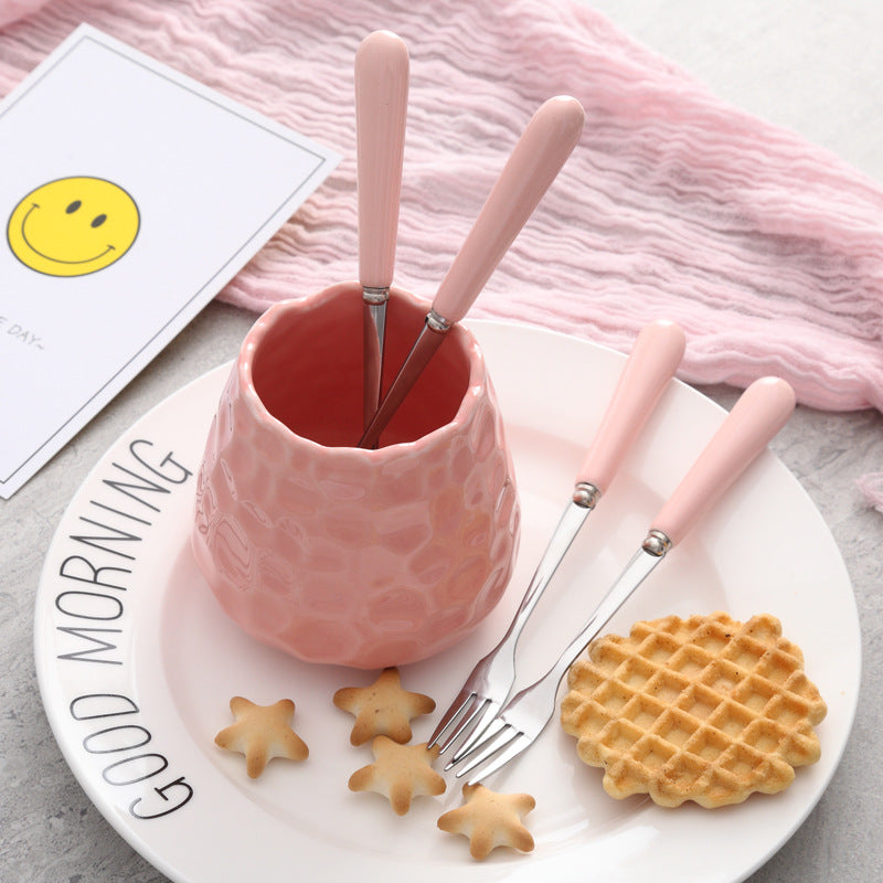 Creative ceramic handle small fork suit stainless steel fruit fork fruit pick watermelon fork coffee spoon good-looking storage jar