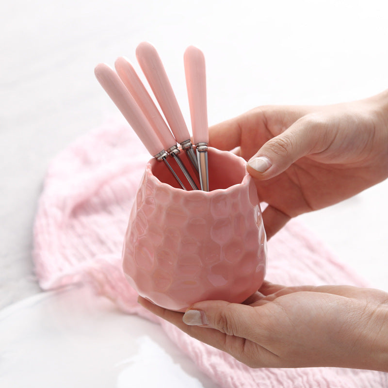 Creative ceramic handle small fork suit stainless steel fruit fork fruit pick watermelon fork coffee spoon good-looking storage jar