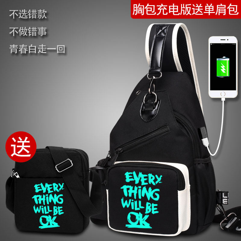 Factory direct sales USB charging men's and women's casual shoulder bag Korean version men's bag chest messenger bag trendy backpack breast bag