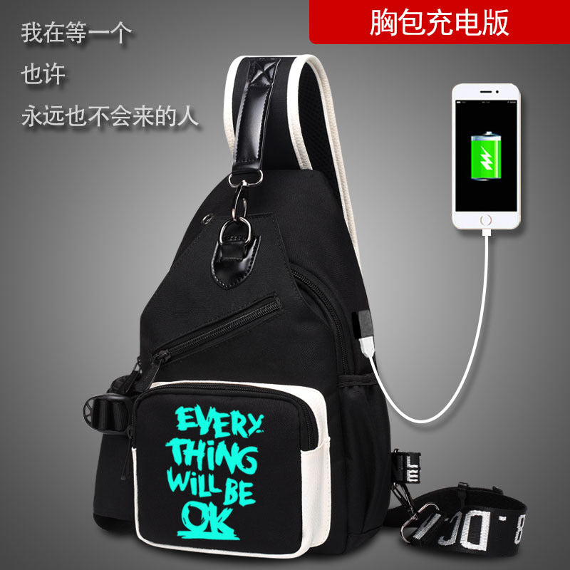 Factory direct sales USB charging men's and women's casual shoulder bag Korean version men's bag chest messenger bag trendy backpack breast bag