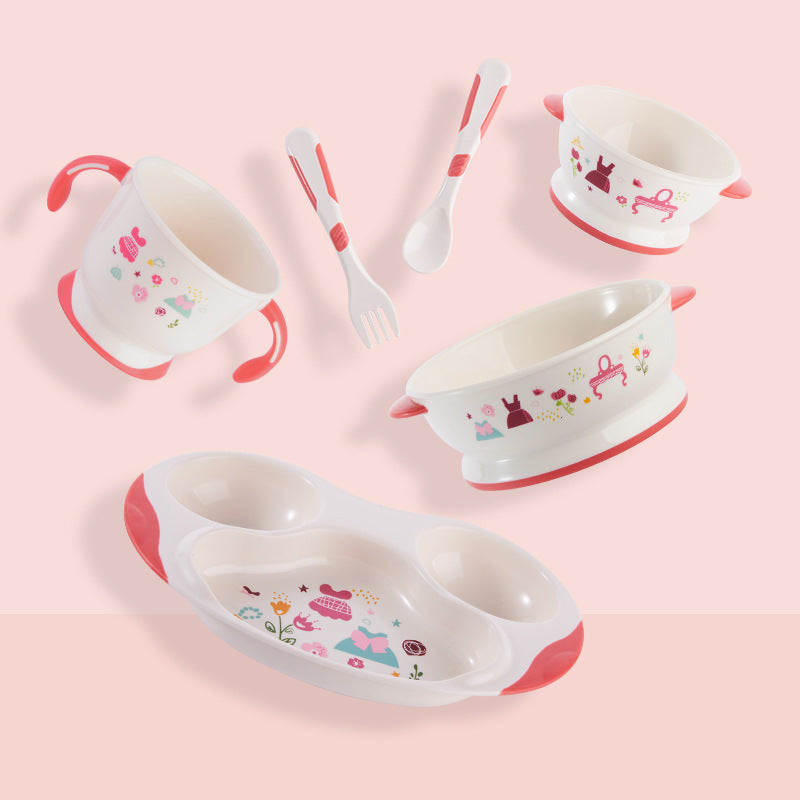 Bao hui baby tableware set: includes bowl, spoon, fork, divided plate, bowl, cup, fork, and spoon – complete feeding set