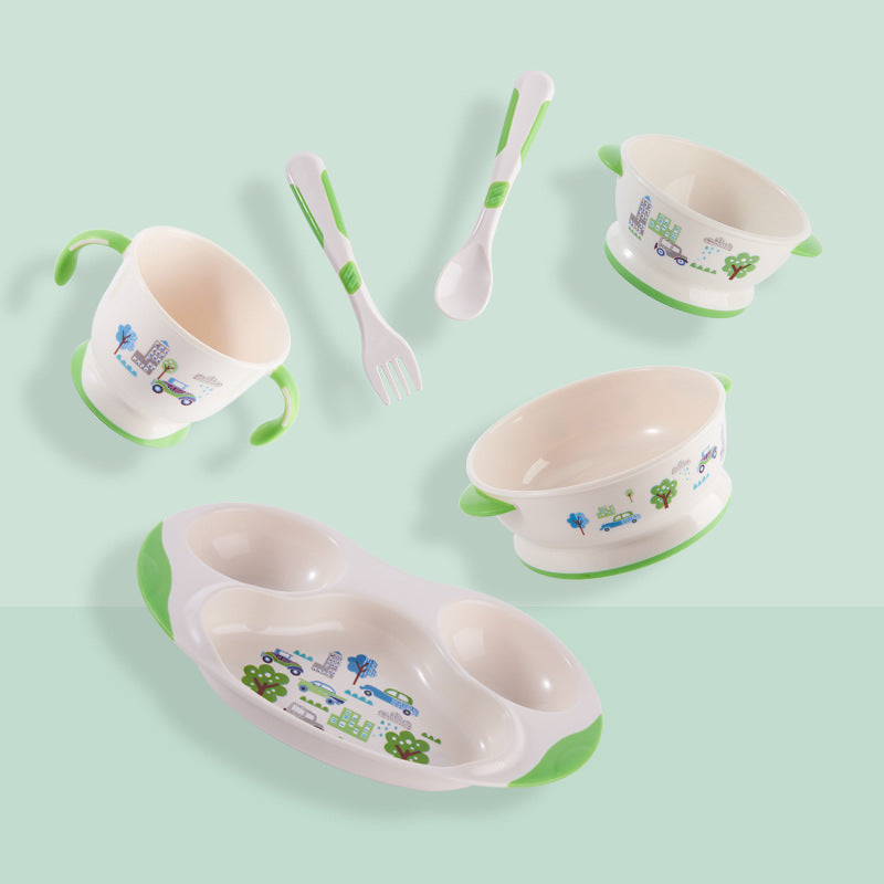Bao hui baby tableware set: includes bowl, spoon, fork, divided plate, bowl, cup, fork, and spoon – complete feeding set