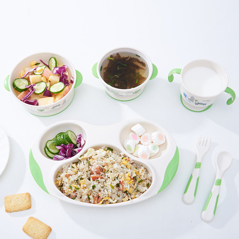 Bao hui baby tableware set: includes bowl, spoon, fork, divided plate, bowl, cup, fork, and spoon – complete feeding set