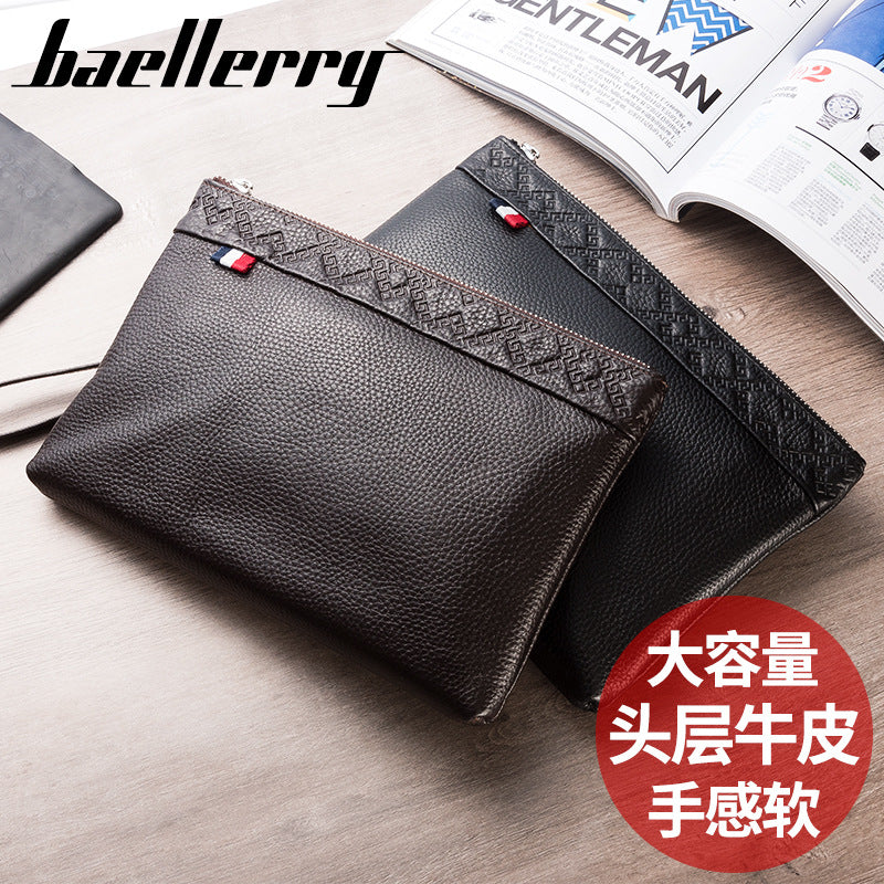 Men's cowhide clutch bag baellerry business leisure men's bag cowhide envelope bag large capacity soft leather handbag