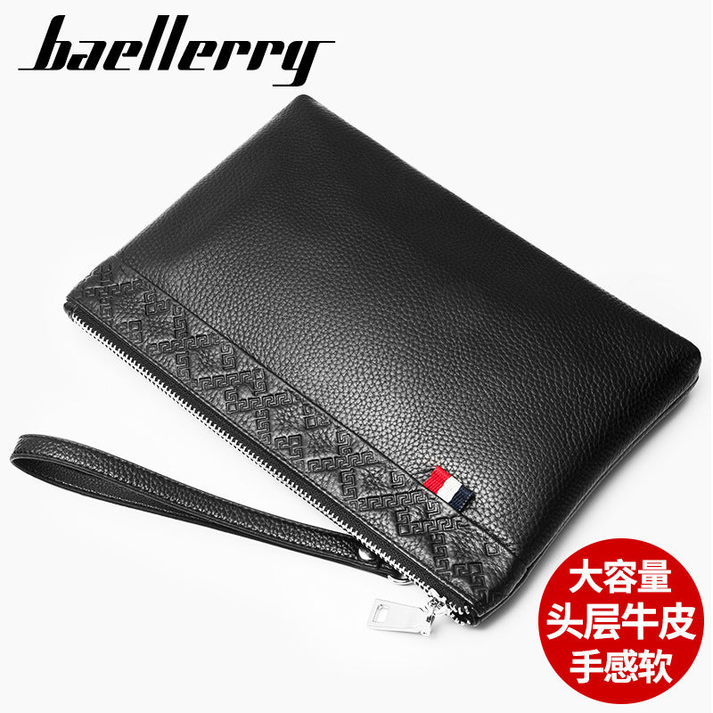 Men's cowhide clutch bag baellerry business leisure men's bag cowhide envelope bag large capacity soft leather handbag