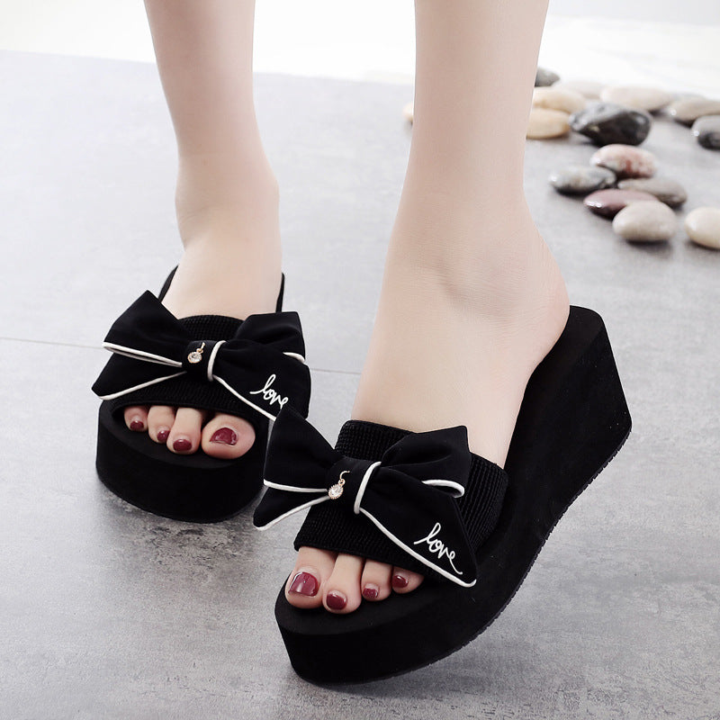 Shining joy 6cm high heel thong sandals with handmade bow, non-slip, perfect for beach vacations, travel, and stylish women's beachwear