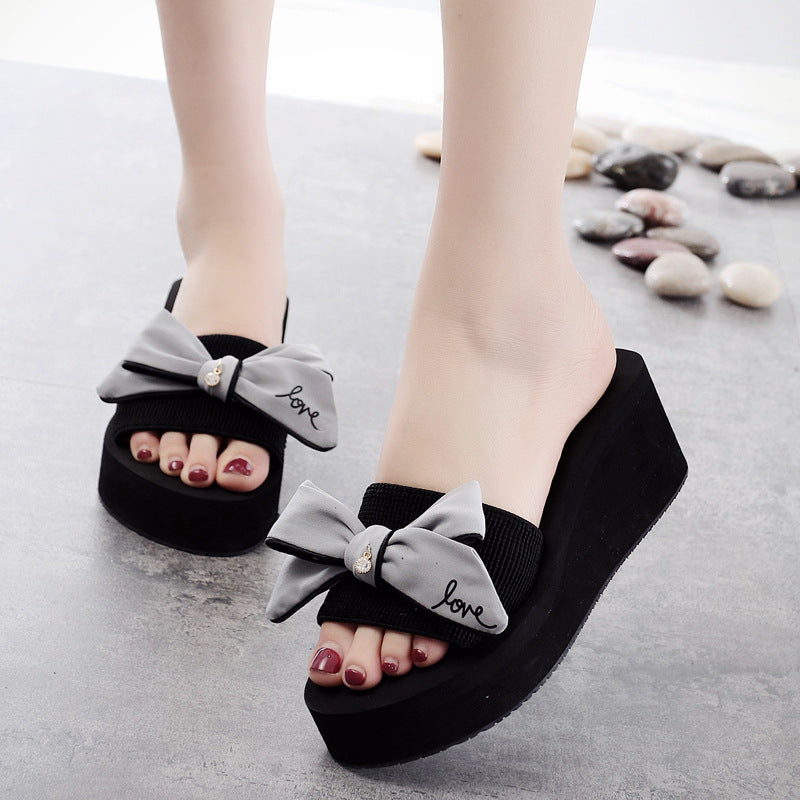 Shining joy 6cm high heel thong sandals with handmade bow, non-slip, perfect for beach vacations, travel, and stylish women's beachwear