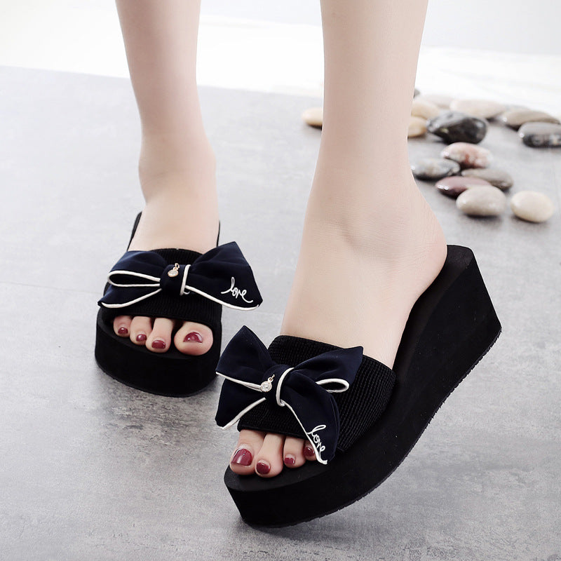 Shining joy 6cm high heel thong sandals with handmade bow, non-slip, perfect for beach vacations, travel, and stylish women's beachwear