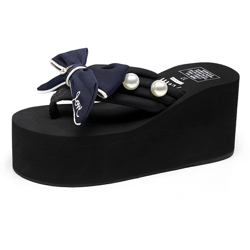 Shining joy 8cm high heel flip-flops handmade bowknot non-slip beach vacation slippers fashion women's sandals