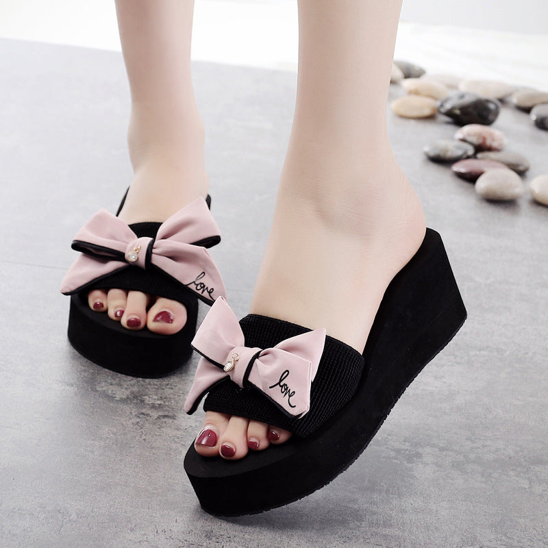 Shining joy 6cm high heel thong sandals with handmade bow, non-slip, perfect for beach vacations, travel, and stylish women's beachwear