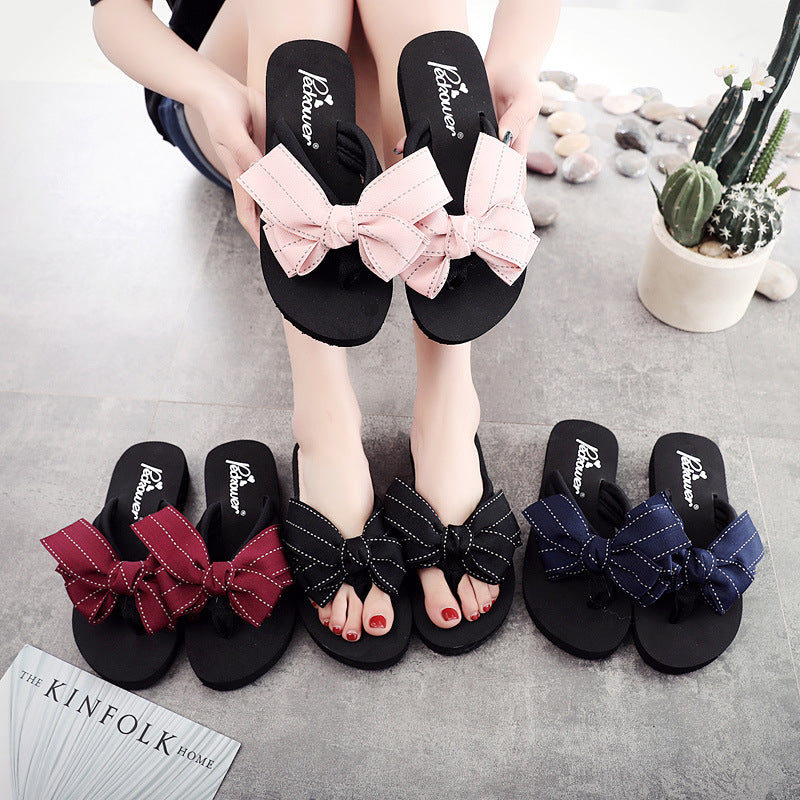Shine jiao 2025 new 3cm mid-heel beach flip-flops - cute & stylish bowknot outdoor summer sandals