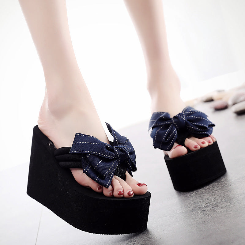 Shining joy 2025 new 11cm ultra high heel beach flip-flops - cute & stylish bowknot design, wearable thick-soled slippers