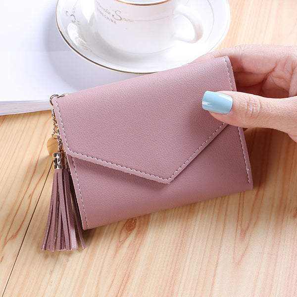 New thin small three-fold women's wallet, fringed pendant, lychee pattern wallet, card bag, change bag, women's short wallet.