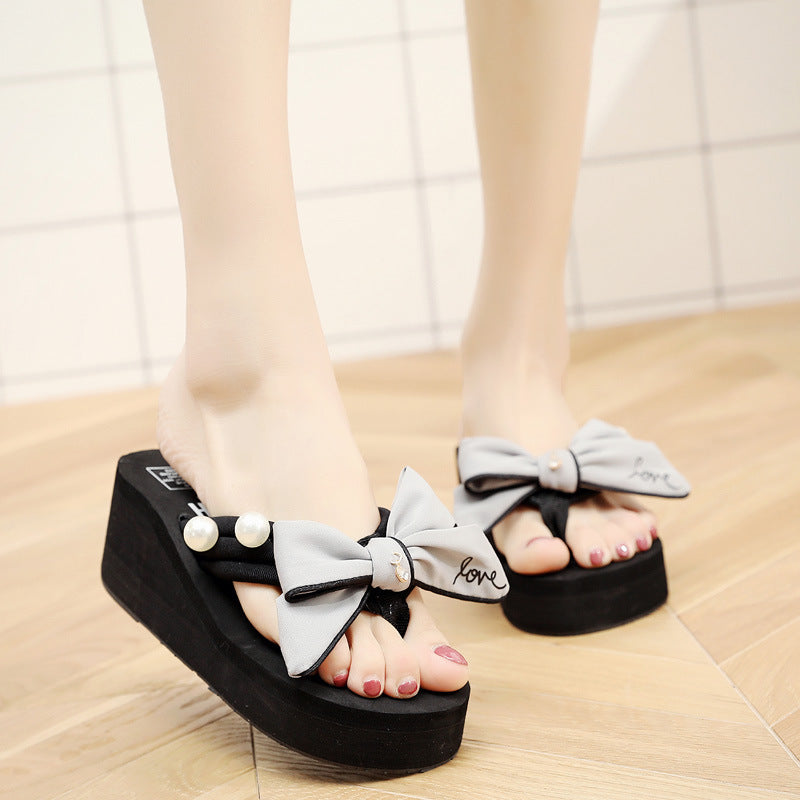 Shine jiao 2025 new summer 6cm flip-flops - handmade, bow-embellished beach flip-flops for seaside vacations