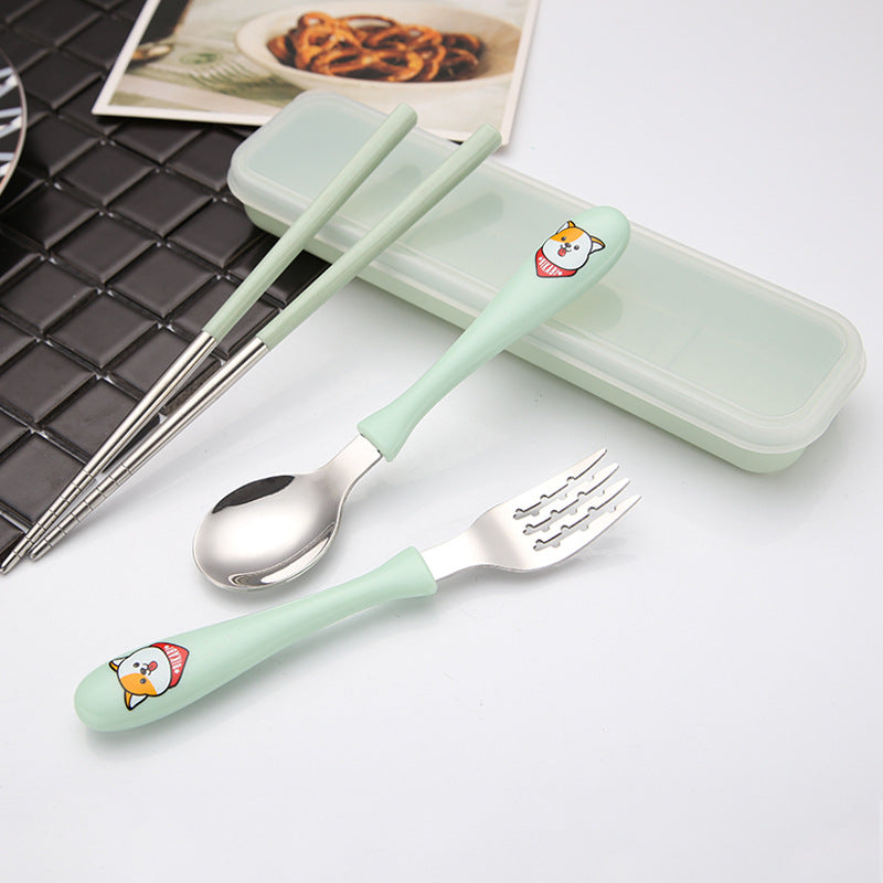 Island Qi 304 Stainless Steel Children's Tableware Baby Creative Cartoon Spoon Set Student PP Handle Fork and Spoon Box