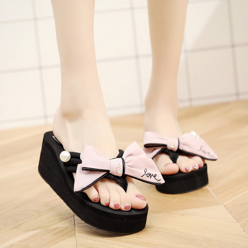 Shine jiao 2025 new summer 6cm flip-flops - handmade, bow-embellished beach flip-flops for seaside vacations