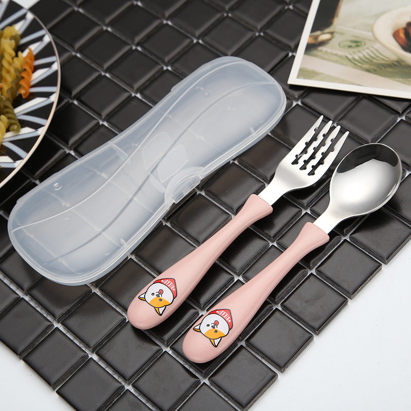 Island Qi 304 Stainless Steel Children's Tableware Baby Creative Cartoon Spoon Set Student PP Handle Fork and Spoon Box