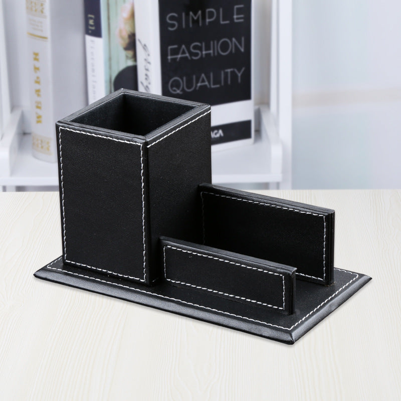 Pen Holder Office Multifunctional Creative Solid Color Office Leather Pen Holder Business Card Holder Stationery Set Desktop Storage Box