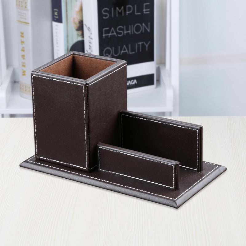 Pen Holder Office Multifunctional Creative Solid Color Office Leather Pen Holder Business Card Holder Stationery Set Desktop Storage Box