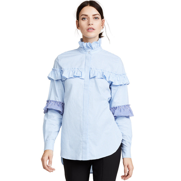 Stand-up Collar Cardigan Button Women's Career Plaid Splicing Top Long Sleeve Flountain, Shirt Women's Tops
