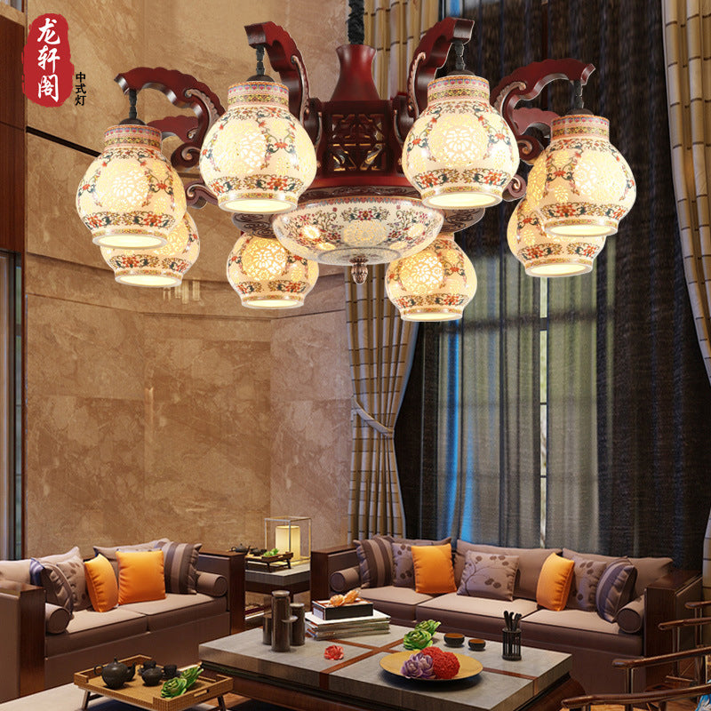 Chinese chandelier ceramic solid wood living room lamp dining room lamp Chinese lamp imitation classical Chinese style hotel hall lighting