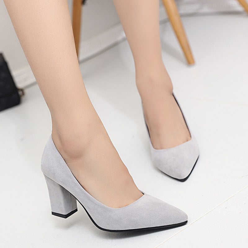 Large size new low-top work women's shoes autumn trimming leather thick heel solid color light mouth PU cover foot pointed high heel women's shoes