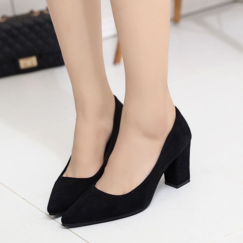 Large size new low-top work women's shoes autumn trimming leather thick heel solid color light mouth PU cover foot pointed high heel women's shoes