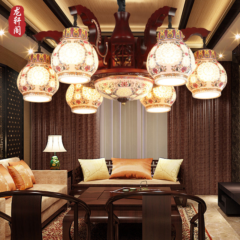 Chinese chandelier ceramic solid wood living room lamp dining room lamp Chinese lamp imitation classical Chinese style hotel hall lighting