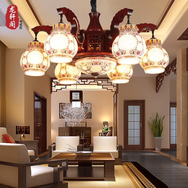 Chinese chandelier ceramic solid wood living room lamp dining room lamp Chinese lamp imitation classical Chinese style hotel hall lighting