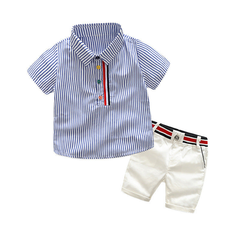 New boys' summer outfit set: polo shirt, short-sleeve striped shirt, and casual pants - wholesale, factory direct, and customizable