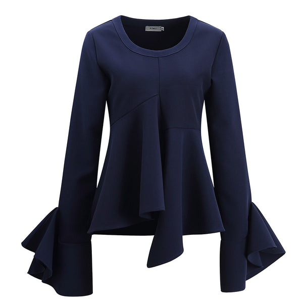 Large Size Women's Irregular Pendulum Crew Neck Long Sleeve T-Shirt Lotus Leaf Edge Casual Versatile, Top Women's Tops