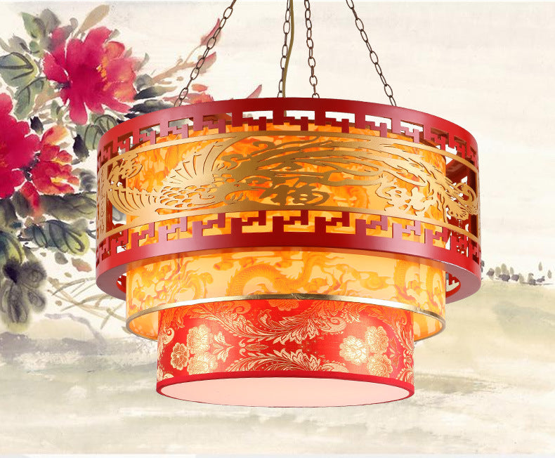 Classical Chinese chandelier antique teahouse hotel sheepskin lamp engineering lamp antique solid wood chandelier dragon and phoenix blessing lighting